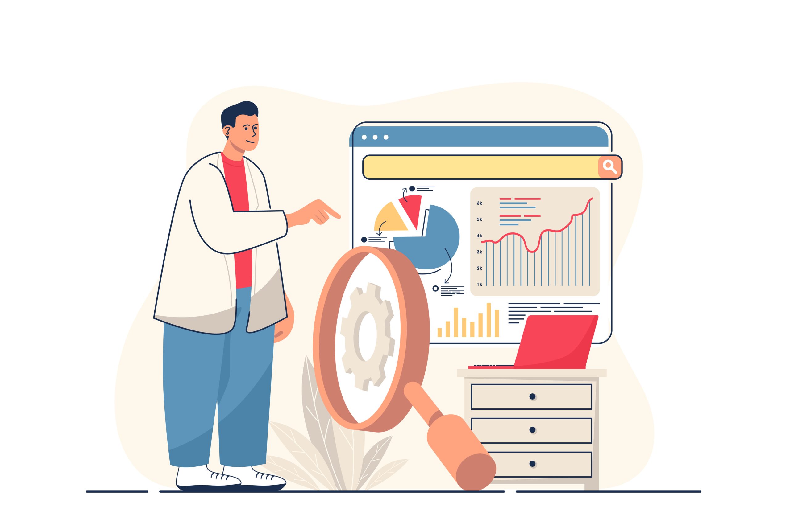 SEO analysis concept for web banner. Man optimizes site for search engines, analyzes statistics of web page modern person scene. Vector illustration in flat cartoon design with people characters